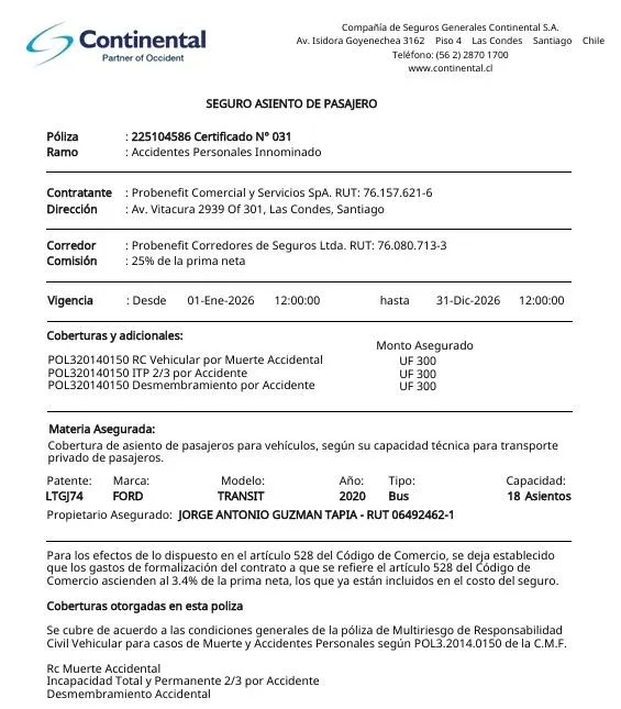 Póliza de Seguro de Asiento de Pasajero, Continental Compañía de Seguros Generales, vigencia 2026